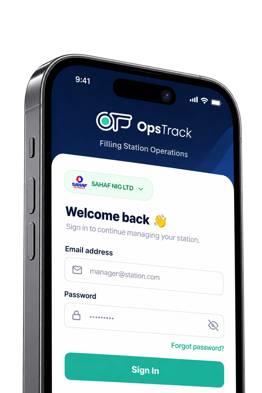 OpsTrack mobile app login screen